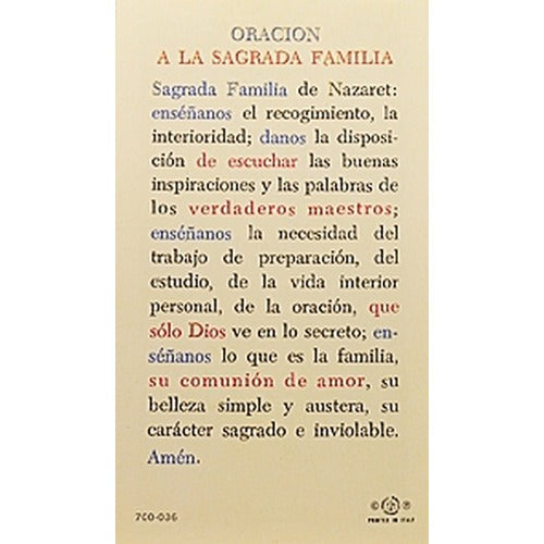 Oracion a la Sagrada Familia (Holy Family) - Spanish Prayer Card