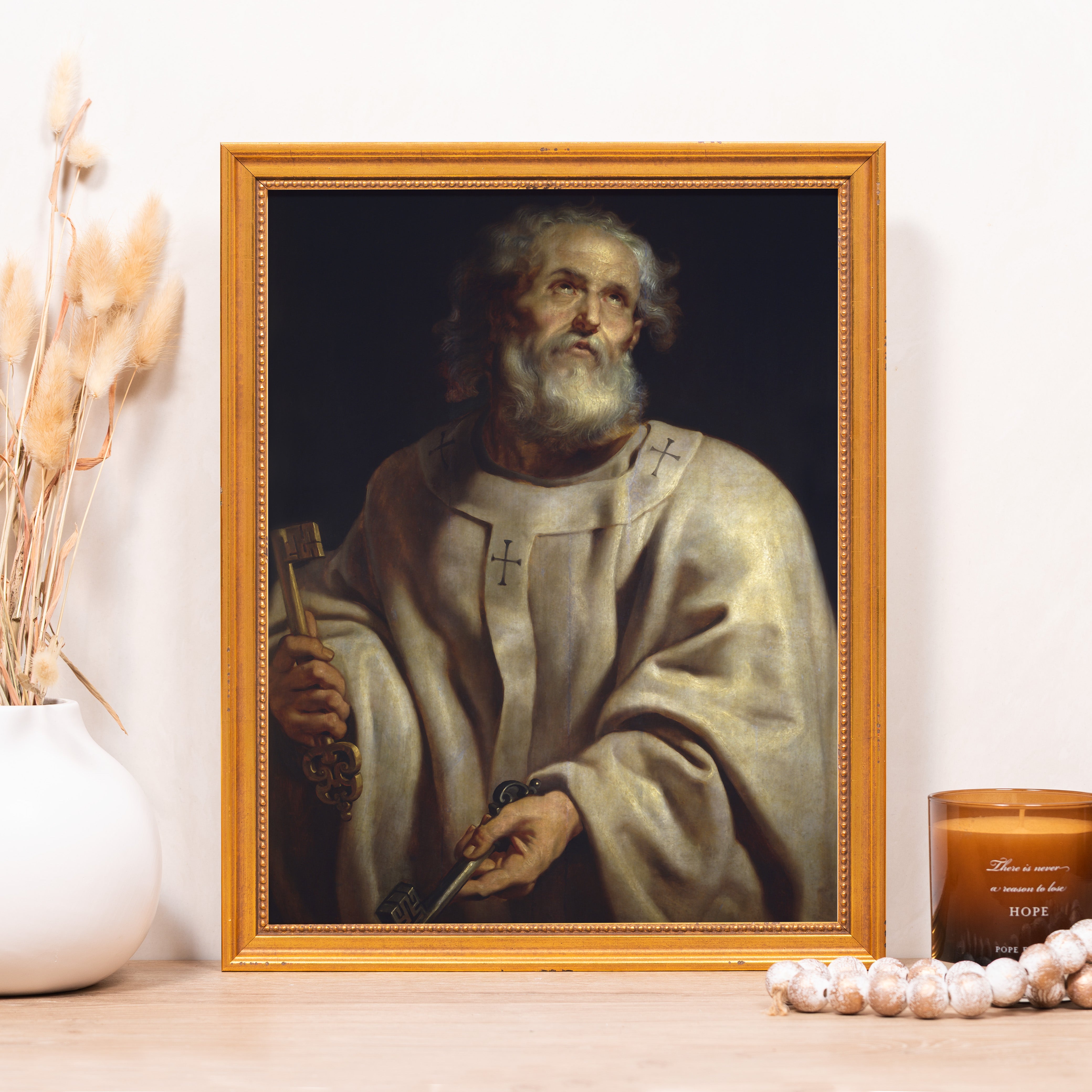 Religious Art print: Framed portrait of Saint Peter holding keys, gold frame.
