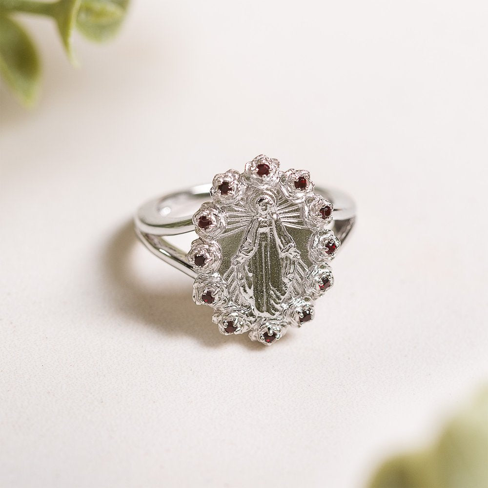 Sterling Silver Miraculous Medal & Rose Halo Ring - Multiple Sizes