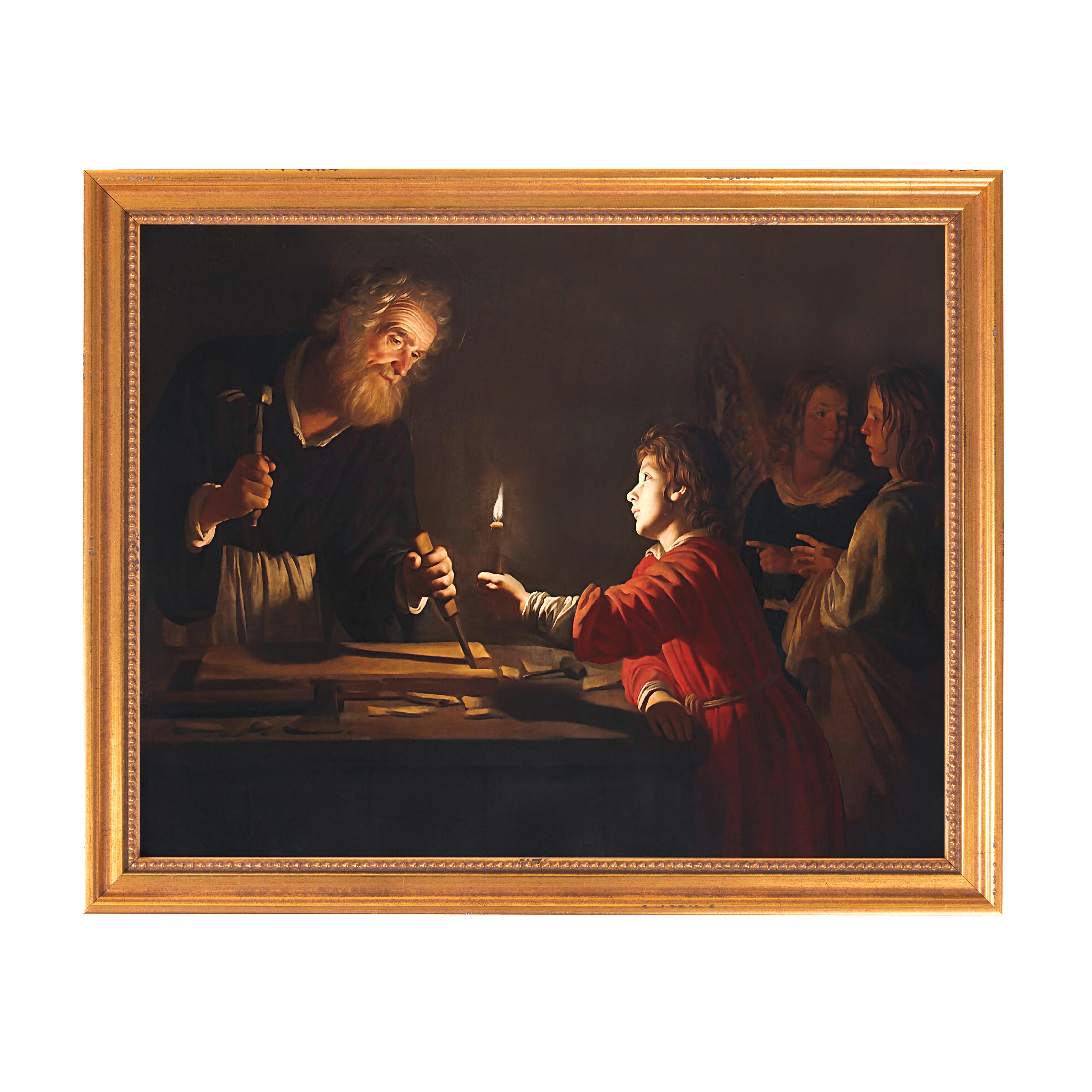 Framed painting of a man teaching a child woodworking, painted in a dark baroque style with warm lighting.