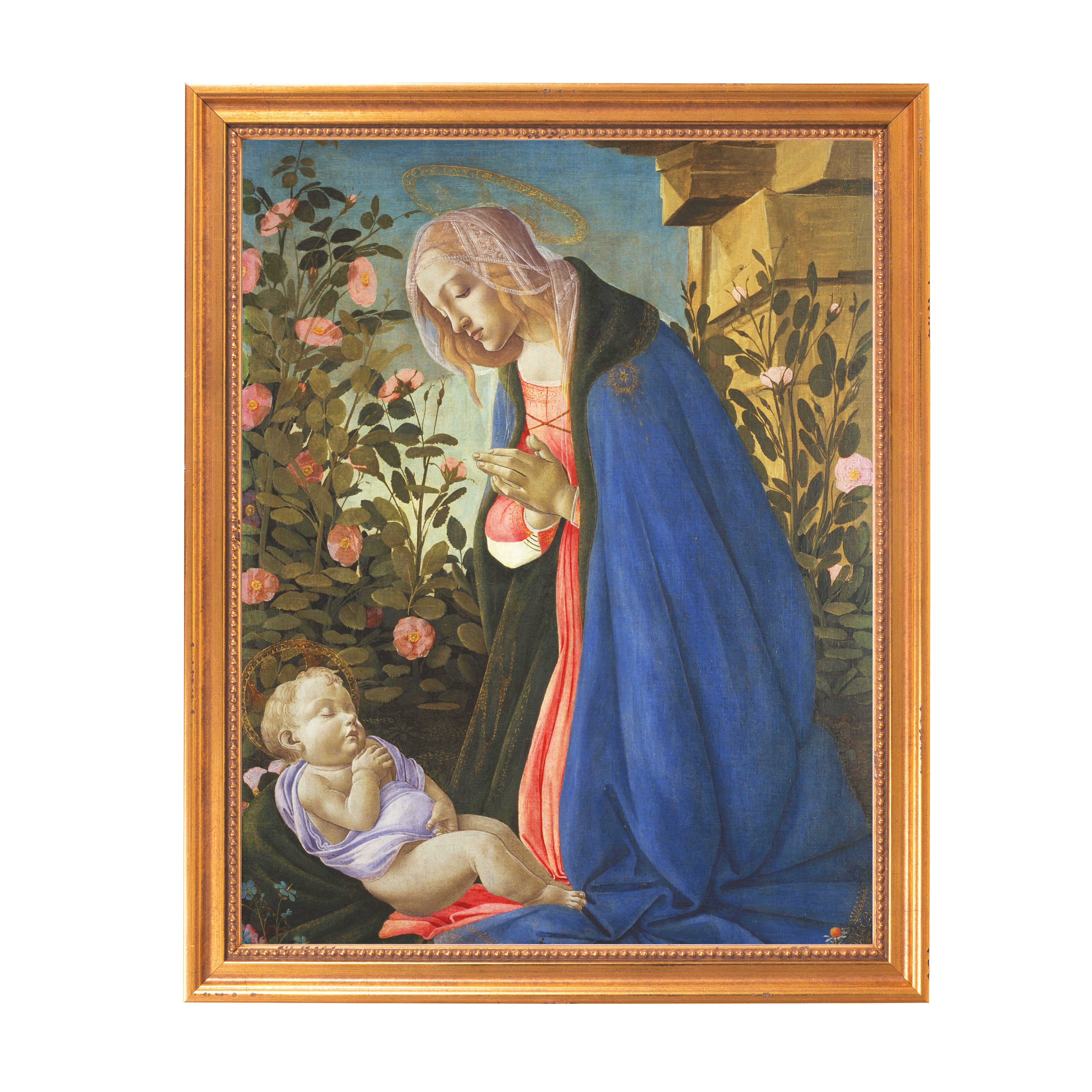 Framed Renaissance-style painting depicting Mary and infant Jesus amid roses in blue, red, and green hues.