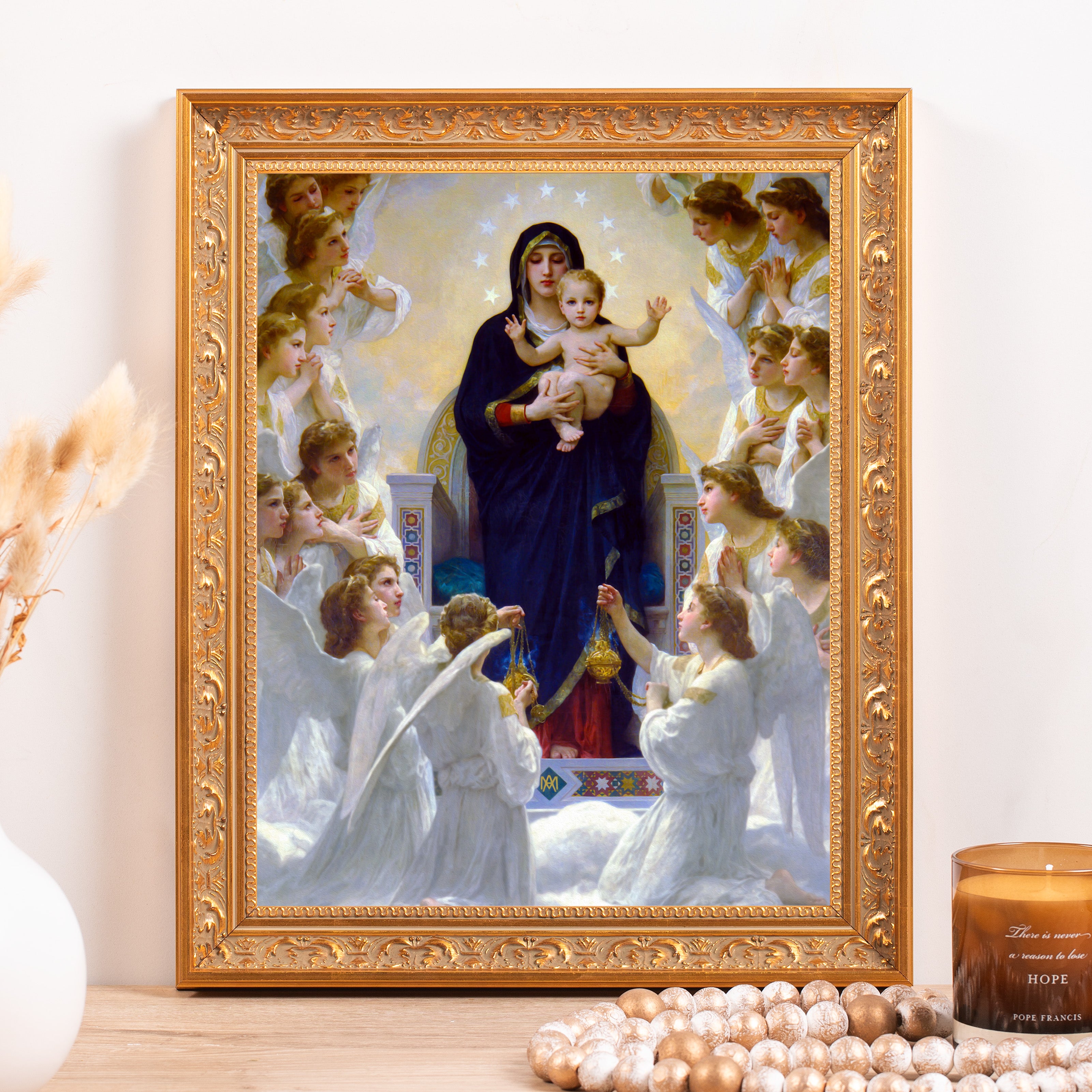 Framed "Queen of the Angels" print in ornate gold frame featuring Mary, Jesus, and angels.