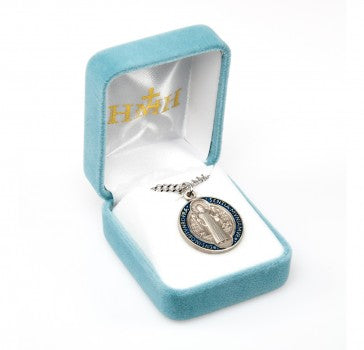 Sterling & Blue Enameled St. Benedict Medal Necklace - 24"