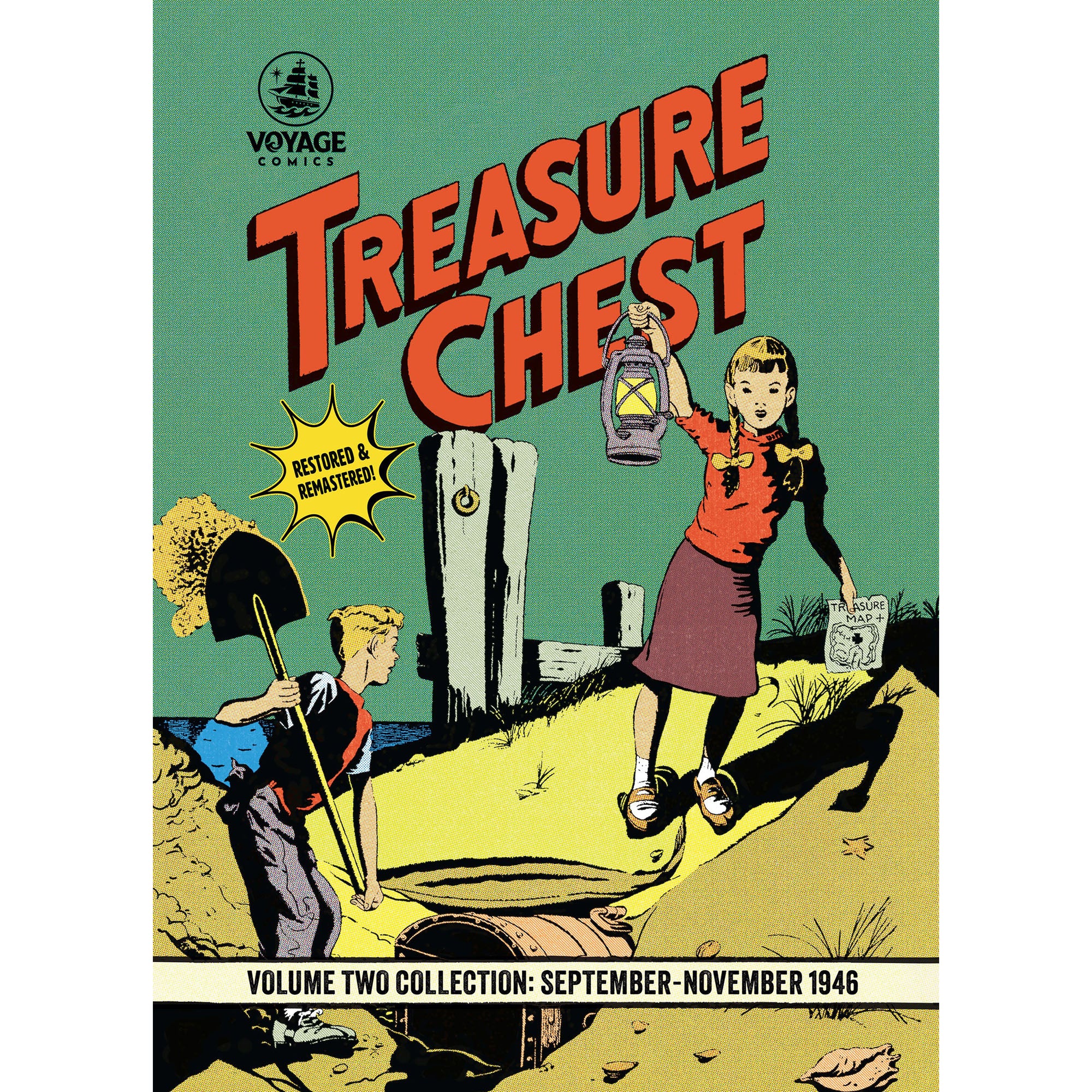 Voyage Comics’ "Treasure Chest" cover: Kids hunt buried treasure with a lantern and map, drawn in retro comic style.