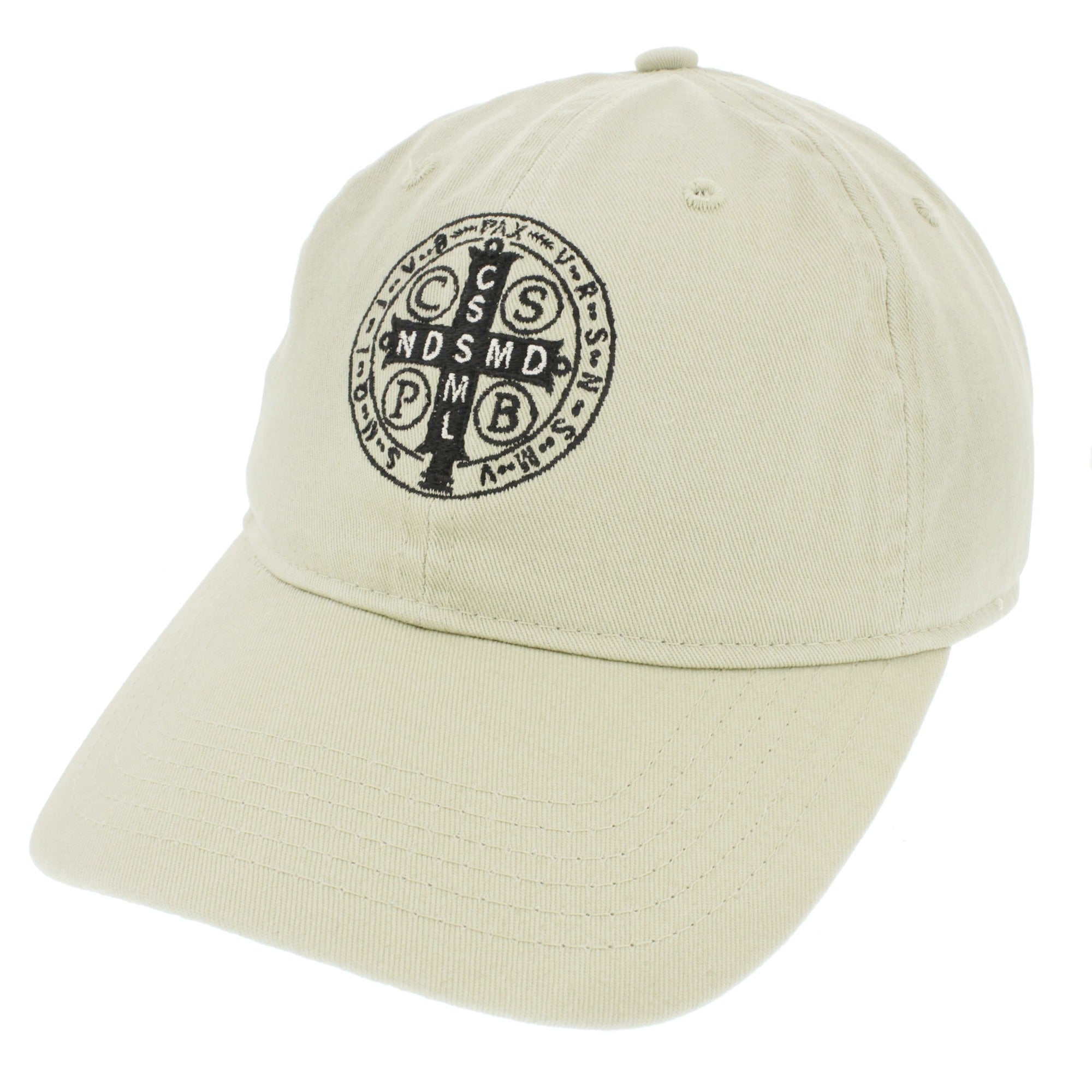 Khaki baseball cap with embroidered black St. Benedict medal on the front panel.