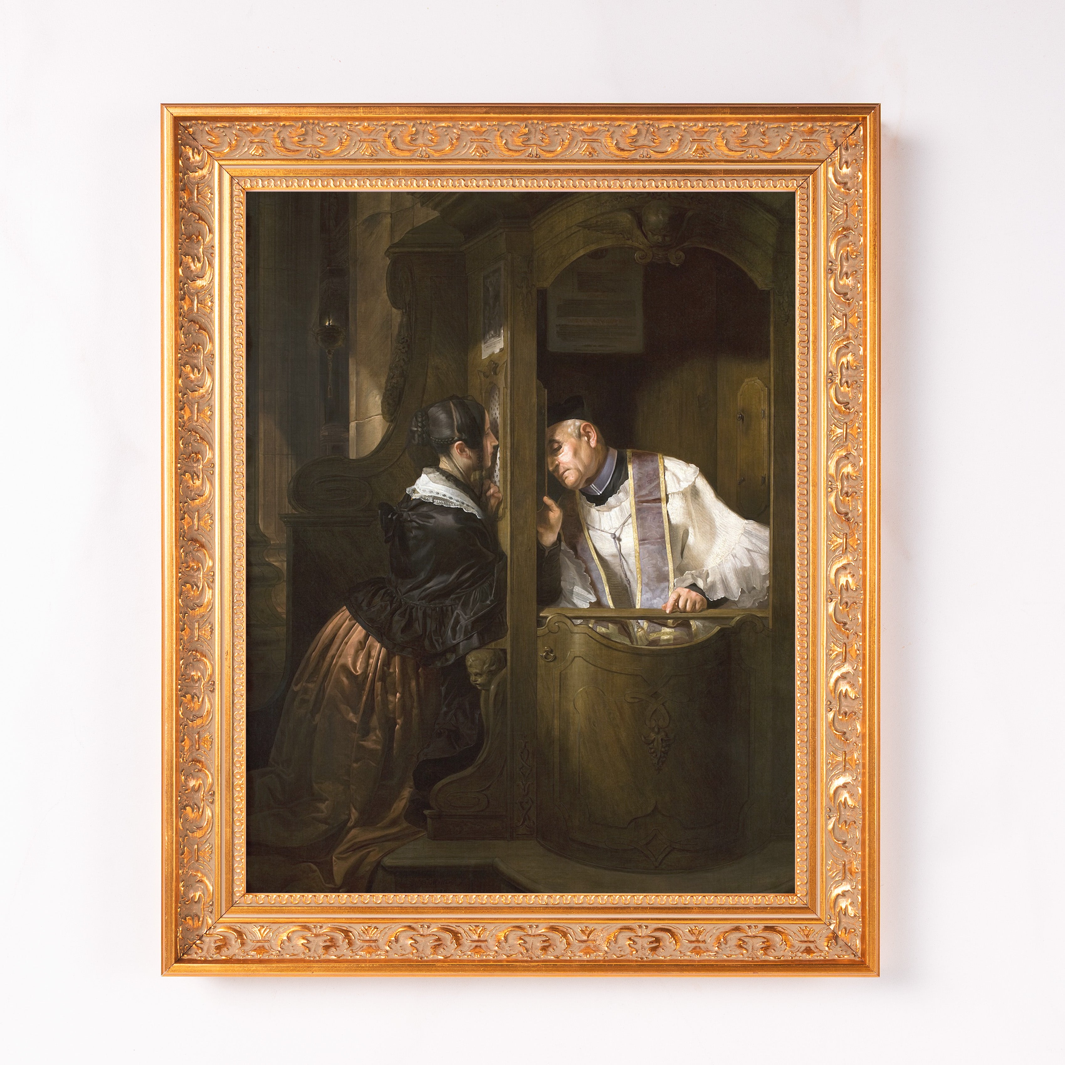 Framed oil painting of a woman confessing to a priest in a confessional booth in traditional style with gold frame.