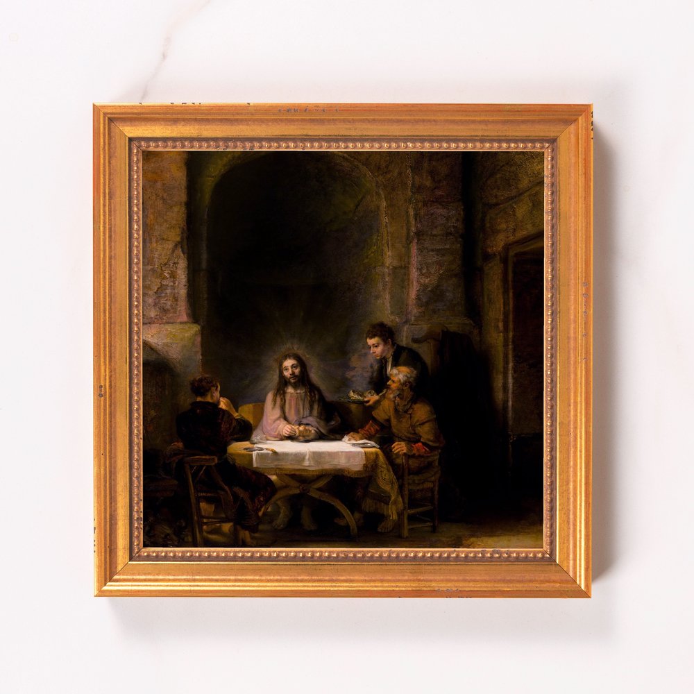Framed oil painting depicting the Last Supper with a golden frame and Renaissance style.
