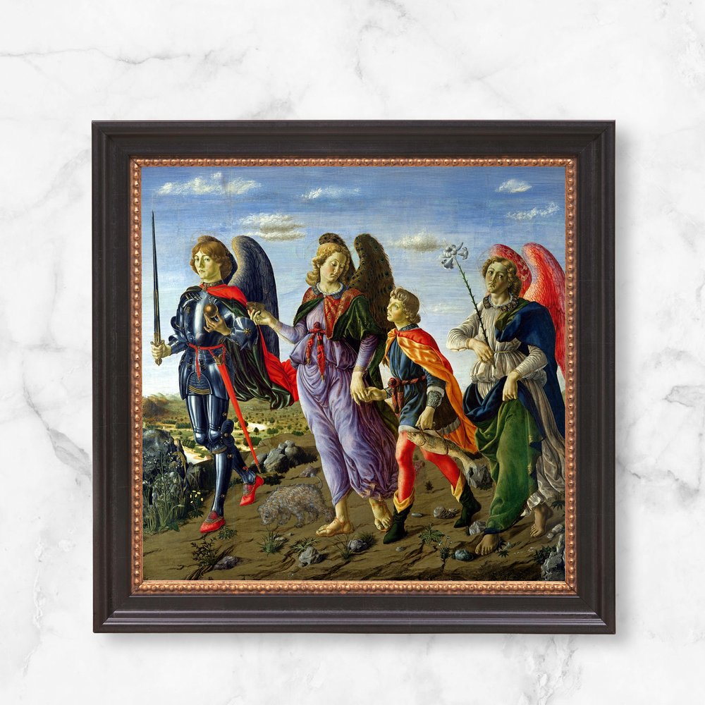 Framed print depicting Tobias and the Angel, a classic religious scene in renaissance style.