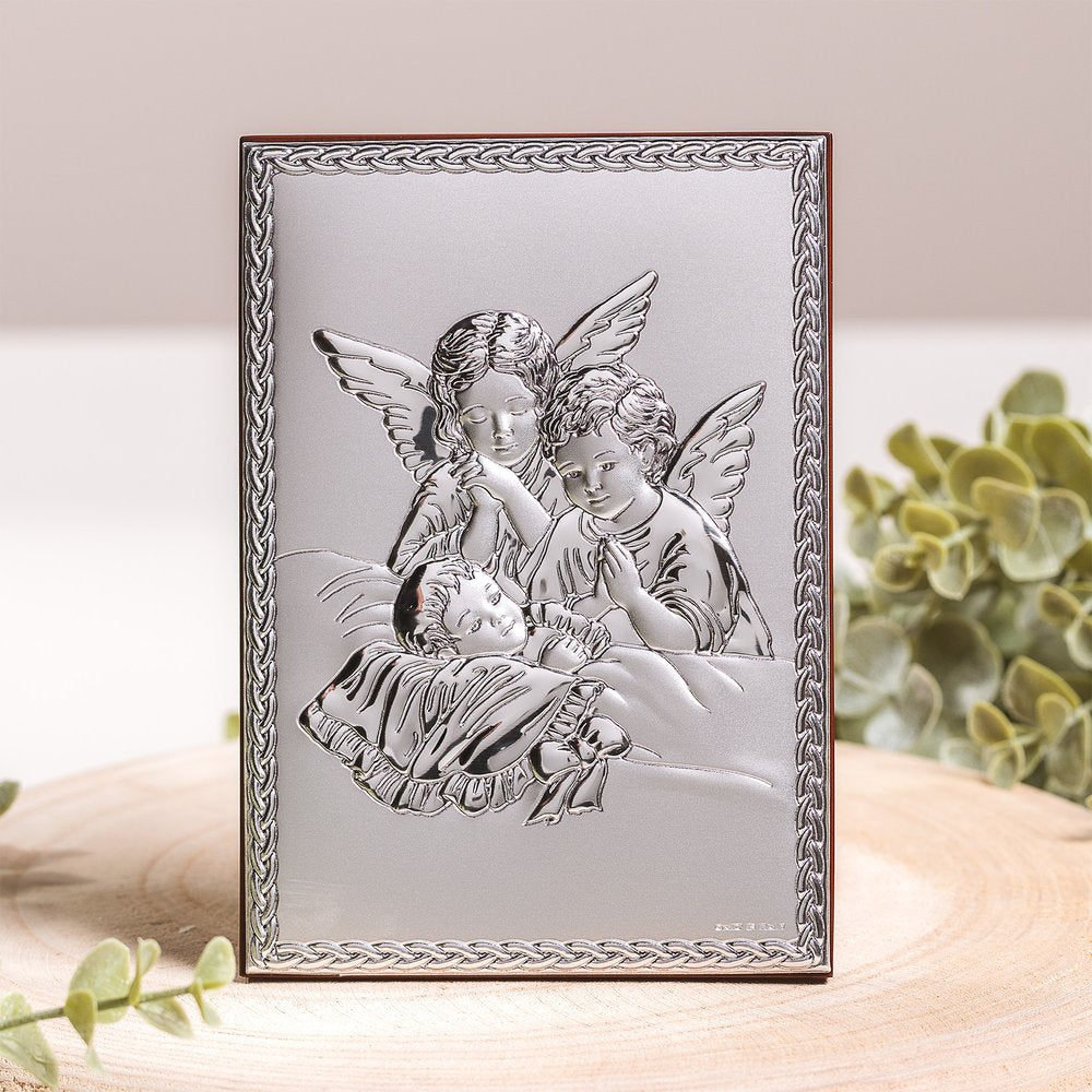 Roped Silver Guardian Angels Plaque - 5.5" x 4"