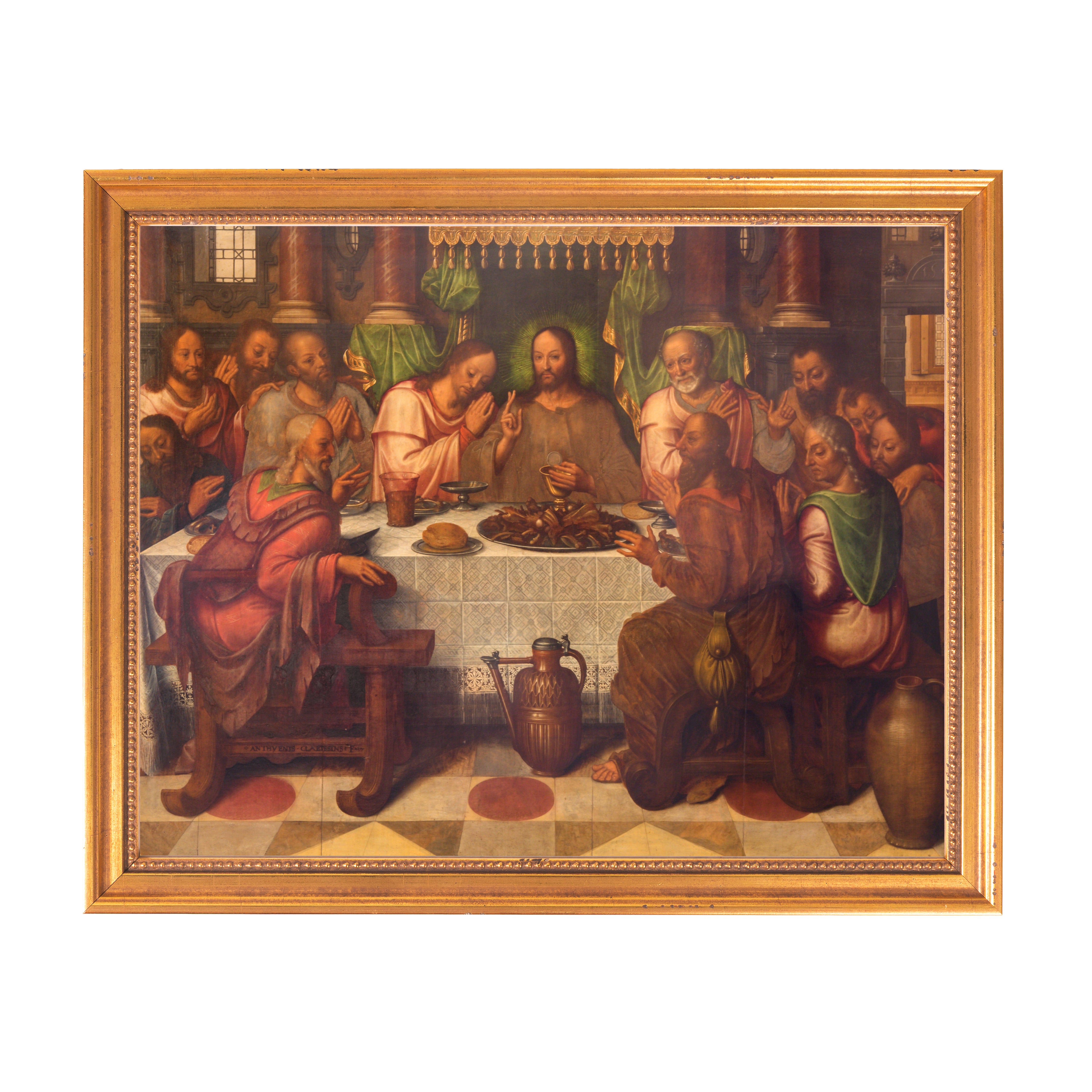 Framed oil painting of The Last Supper with warm colors and a golden frame.