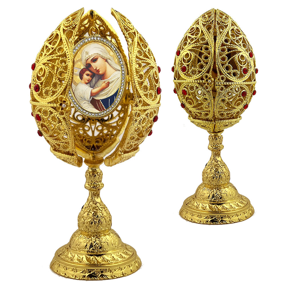 Madonna & Child Icon Golden Egg Triptych on Stand