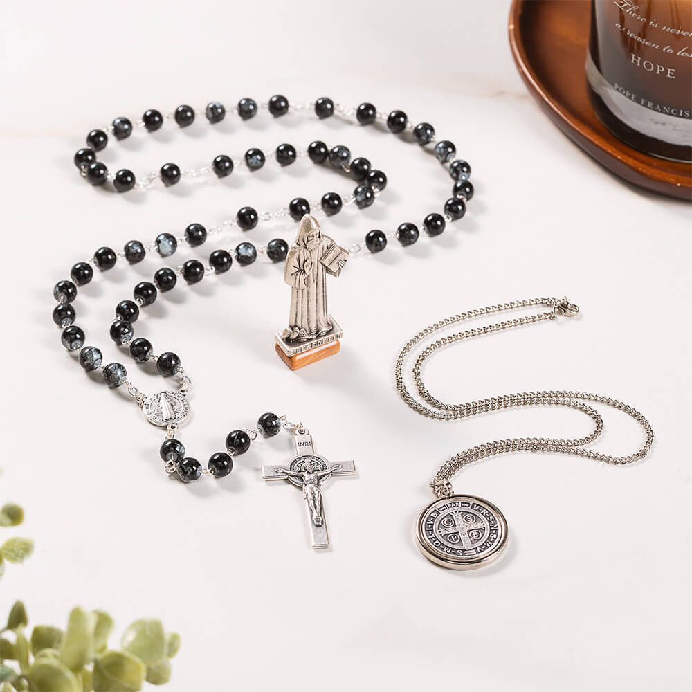 St. Benedict Rosary, Necklace, & Figurine Gift Set