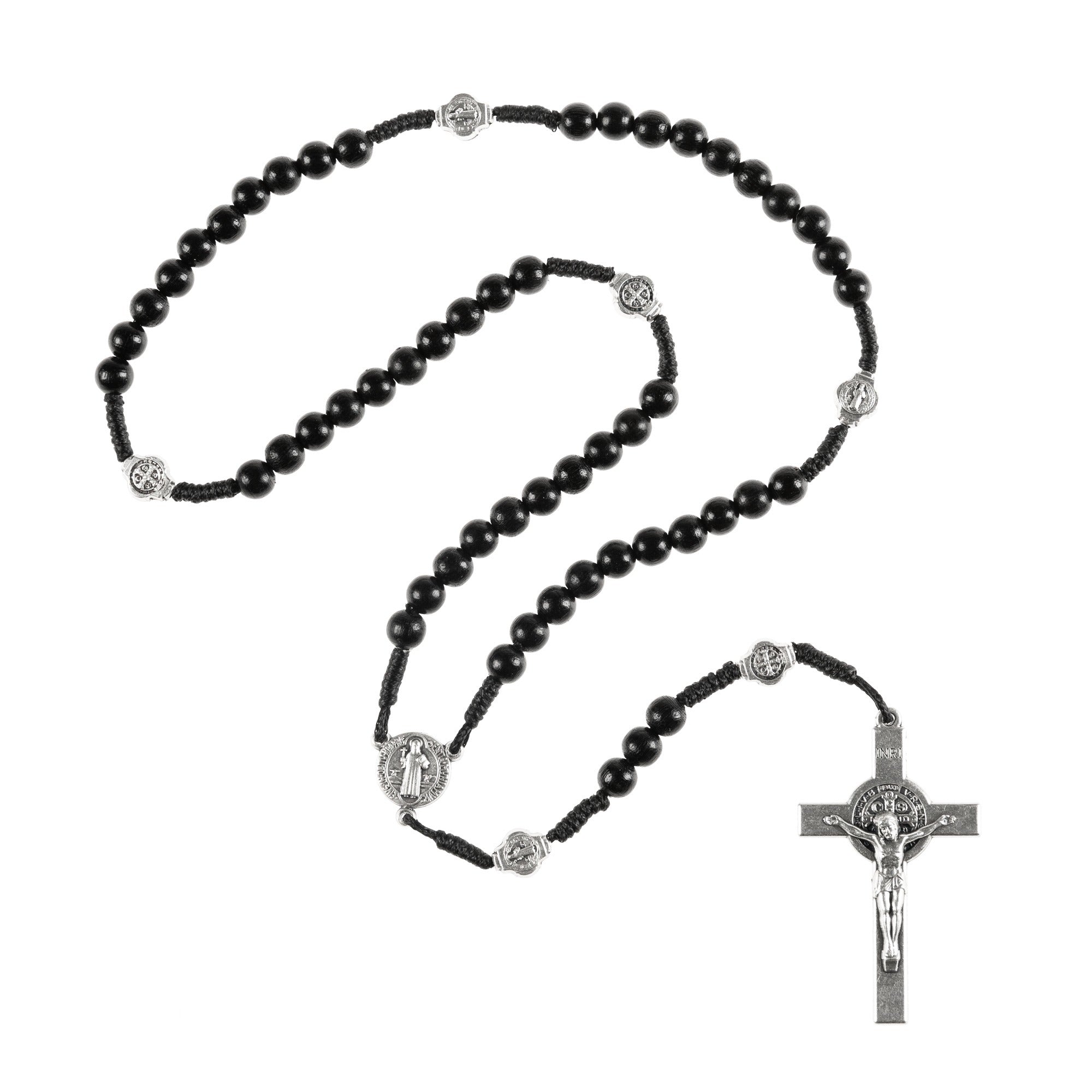Black St. Benedict Wood Bead Corded Rosary