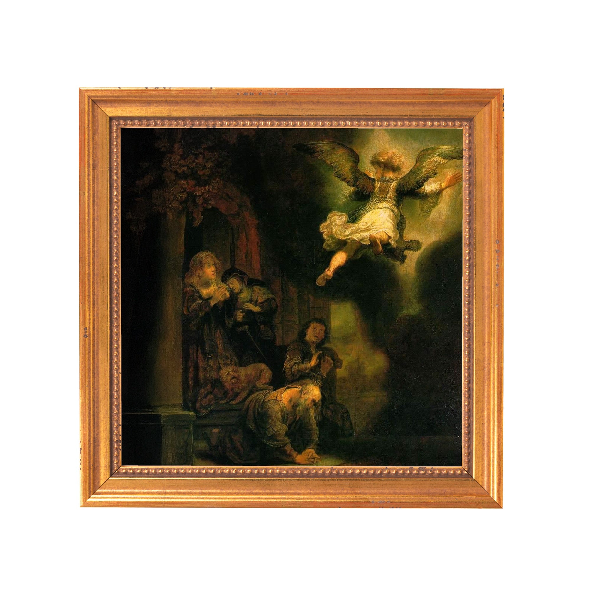 Framed painting showing a group of people and an angel in a dark setting.