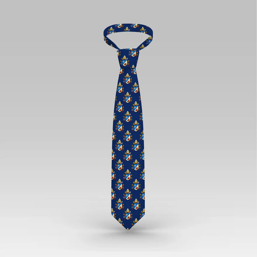 Navy Tie features repeating colorful papal coat of arms design.