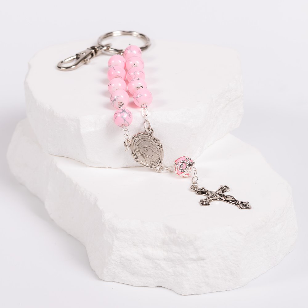 Italian Marbled Silver & Pink Bead Clip-On Decade Rosary