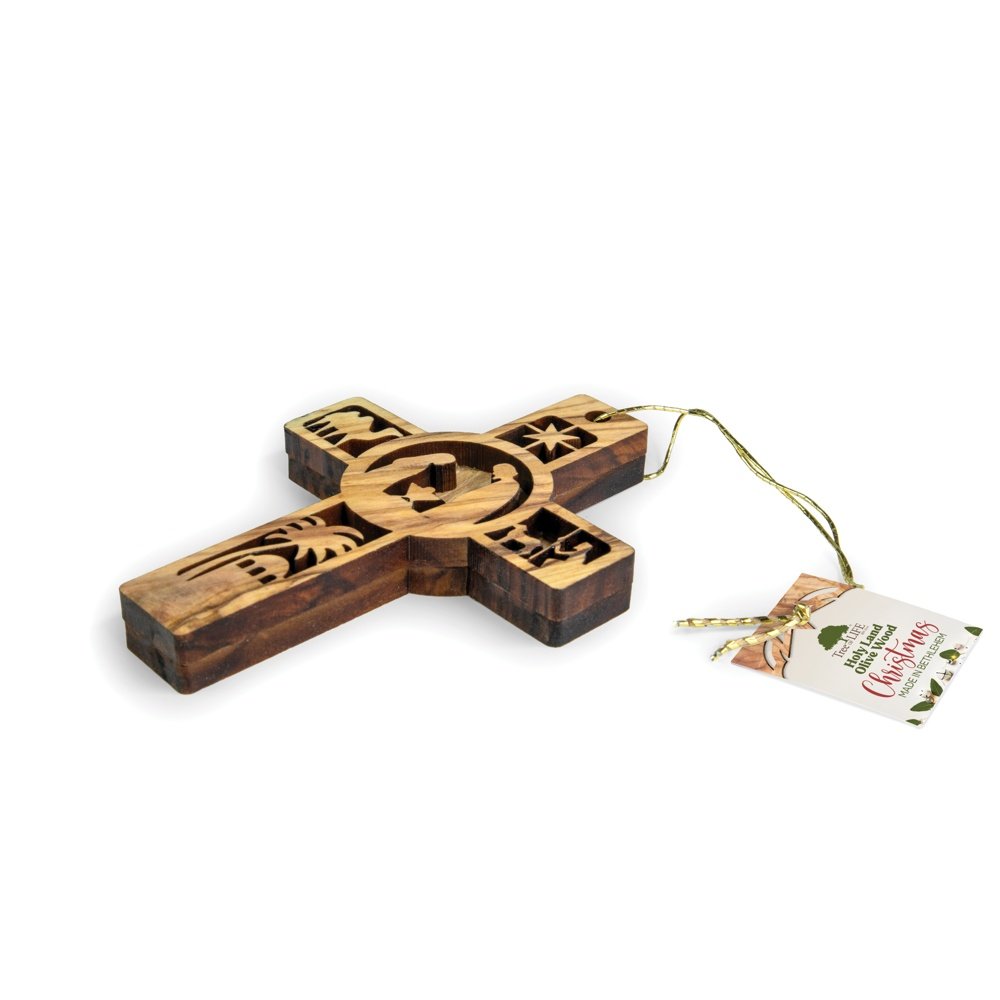 Holy Land 3-D Nativity Cross Olive Wood Ornament