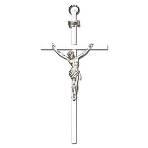 6 inch Antique Silver Crucifix on a Polished Silver Finish Cross