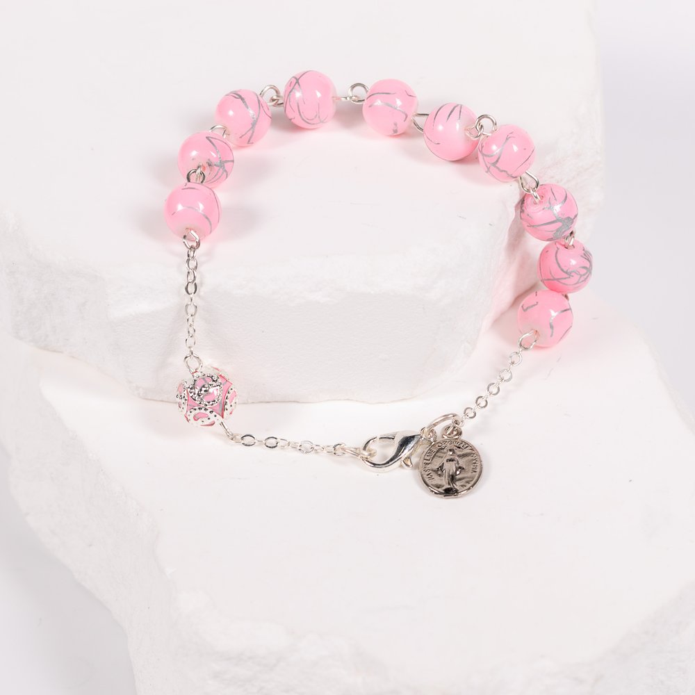Italian Marbled Silver & Pink Bead Rosary Bracelet