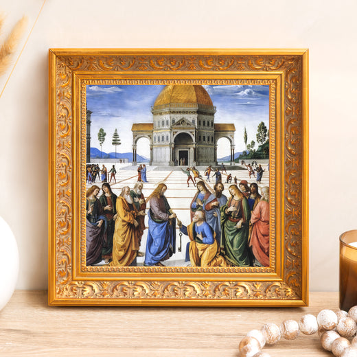 Framed art print featuring biblical scene and golden ornate frame.