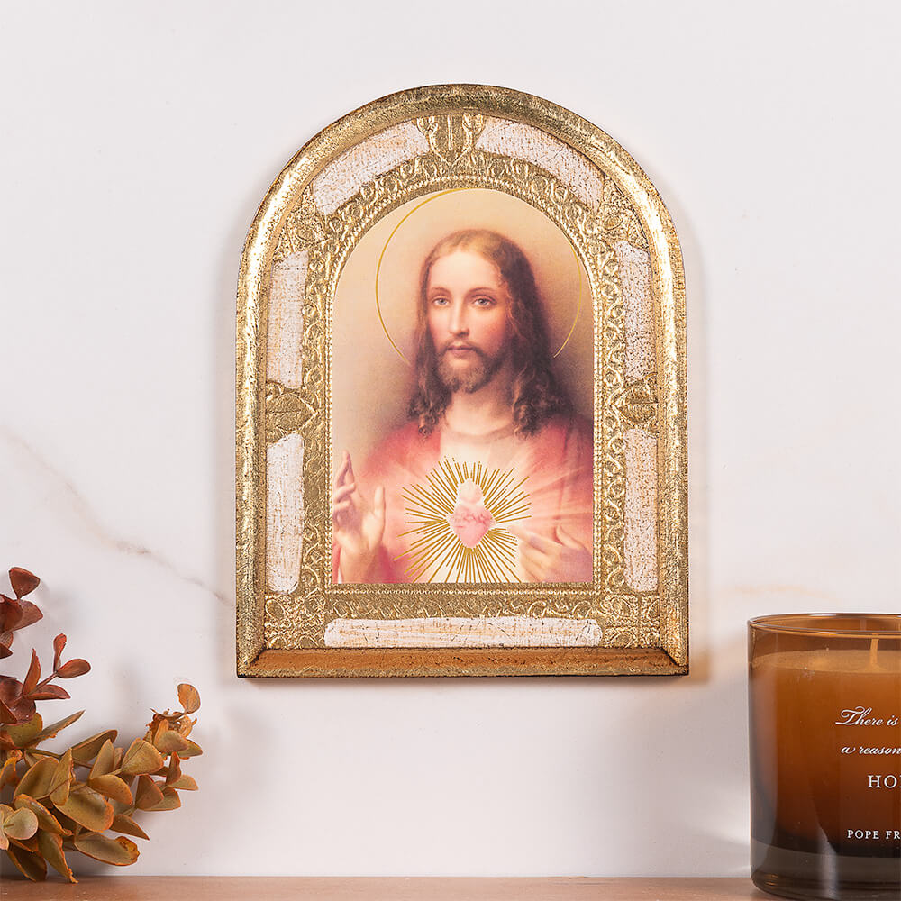 Sacred Heart of Jesus Gold & White Arched Florentine Plaque - 8" x 6"