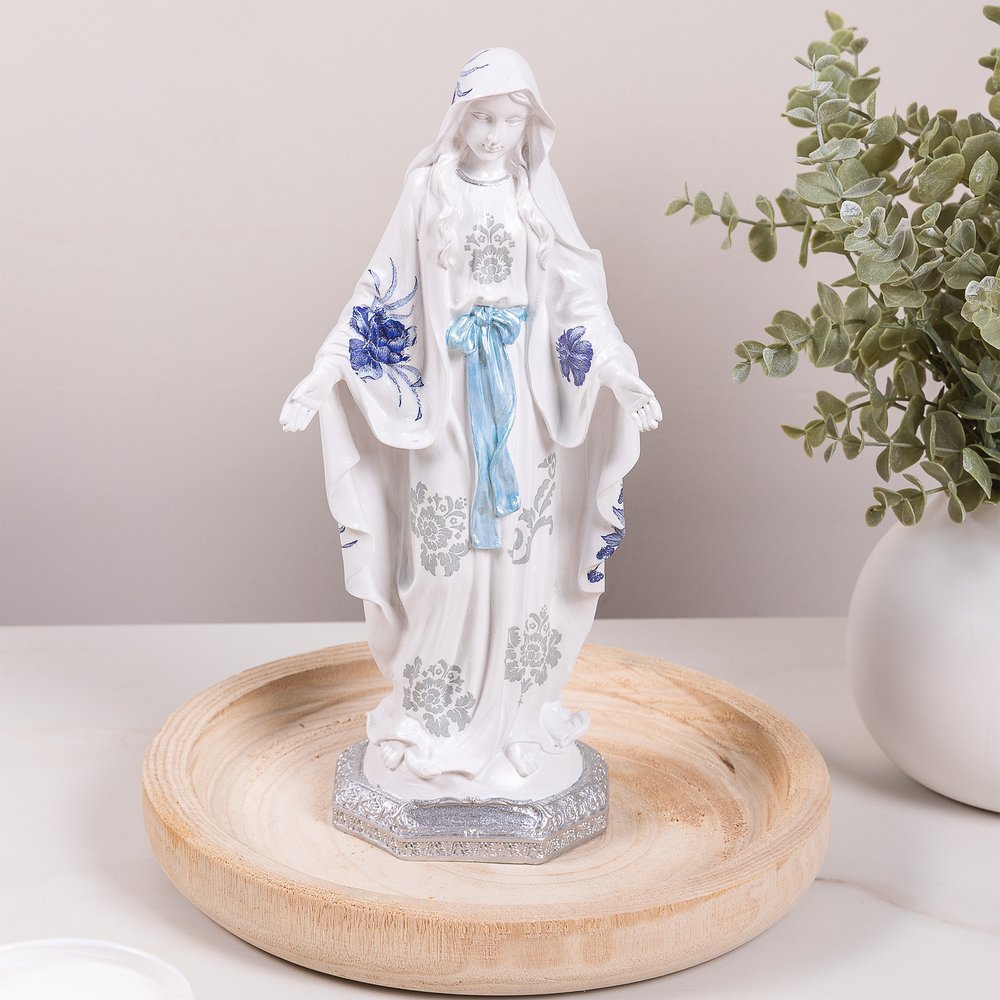 Blue Floral Our Lady of Grace Statue - 12"