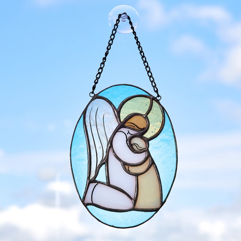 Handcrafted Guardian Angel Hug Stained Glass Suncatcher