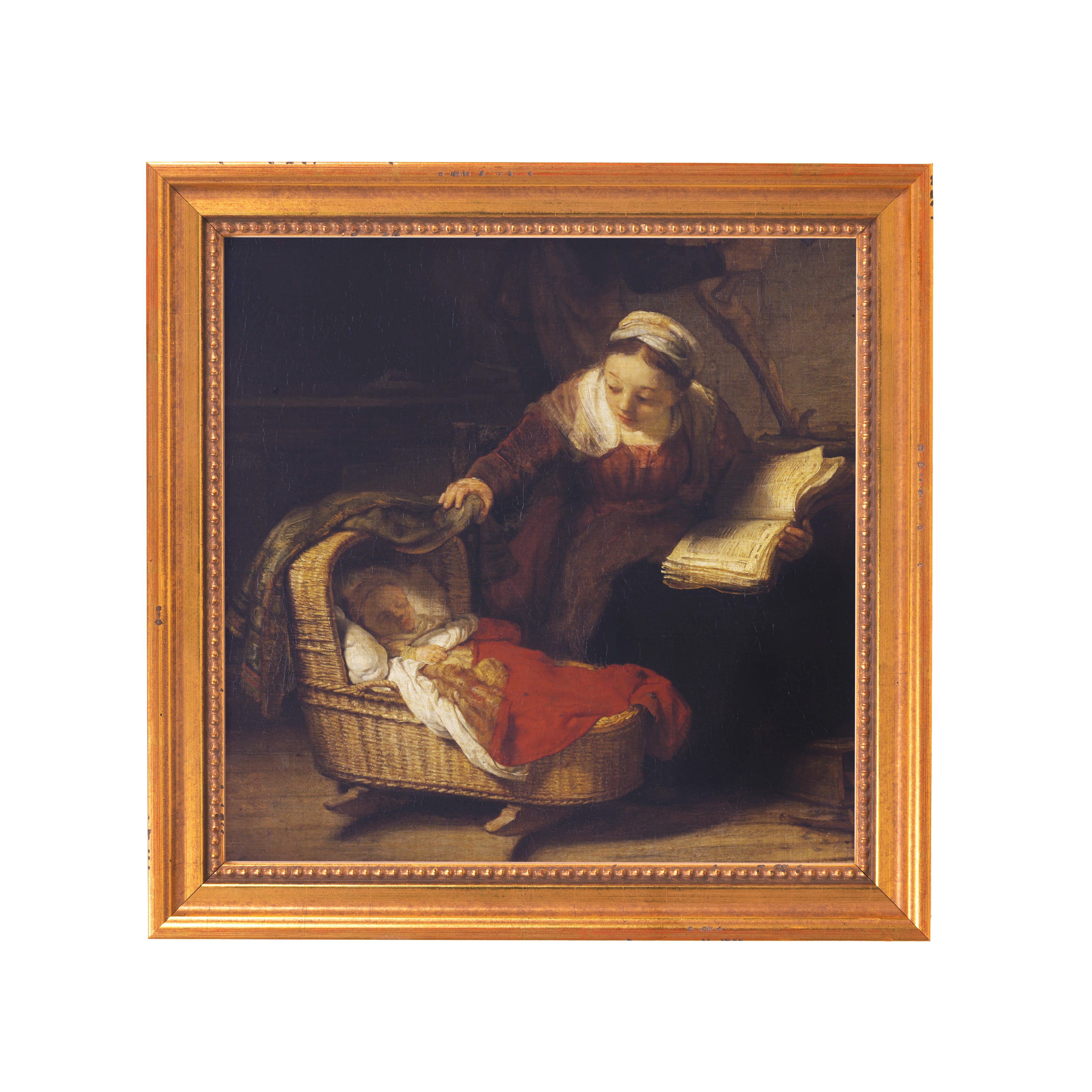 Framed oil painting of a woman watching a sleeping baby in a wicker cradle.
