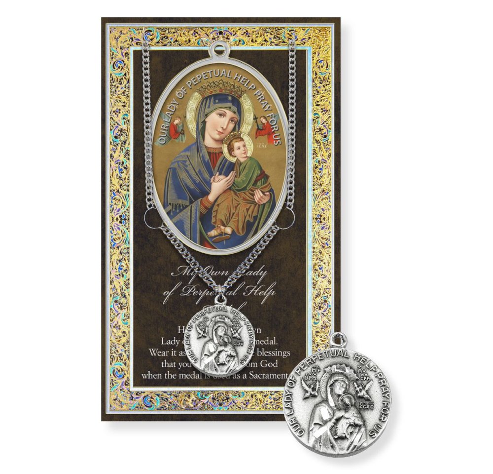 Our Lady of Perpetual Help Pewter Medal Necklace & Prayer Card Pamphlet - 18"