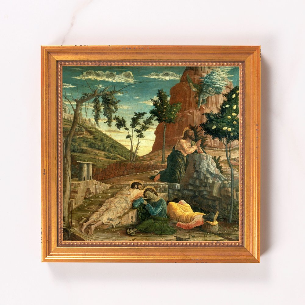Framed print of the Agony in the Garden with gold frame, muted colors, and Renaissance style.