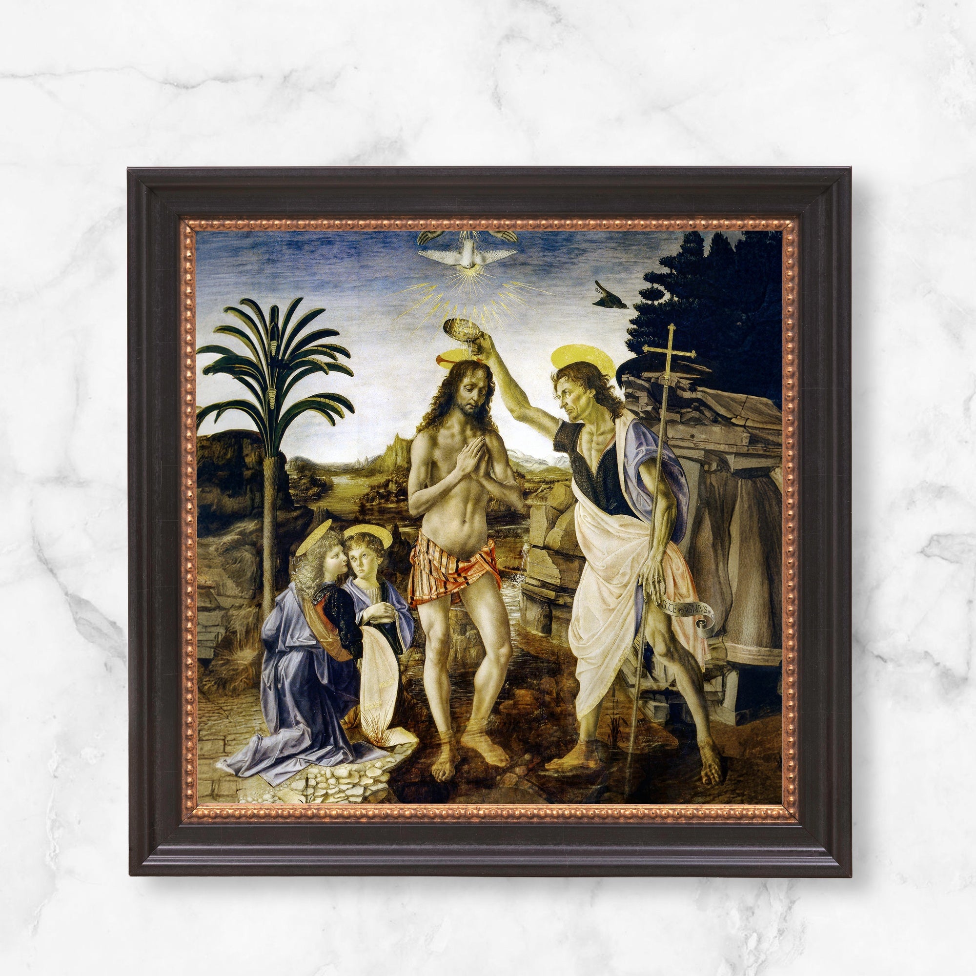 Framed "The Baptism of Christ" art print; Renaissance style, brown wood frame, religious scene.