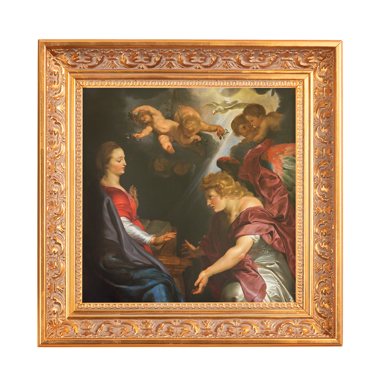 Framed oil painting of the Annunciation scene in a detailed gold-colored frame.