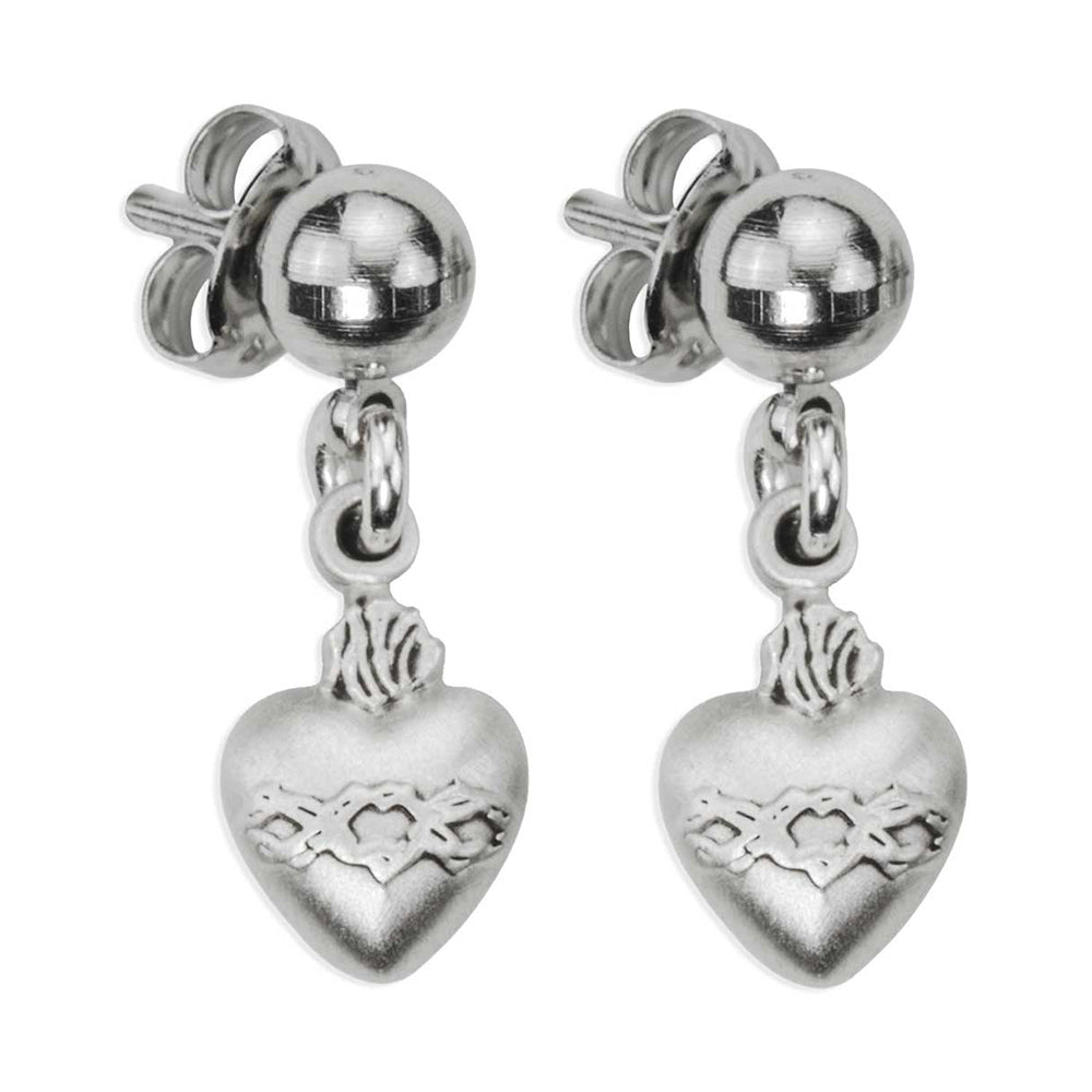 Sterling Silver Sacred Heart Drop Earrings