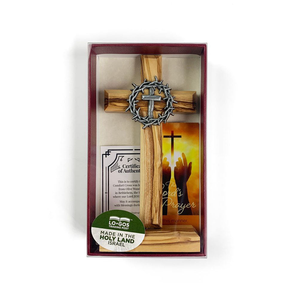 Holy Land Crown of Thorns Olive Wood Standing Cross - 6"