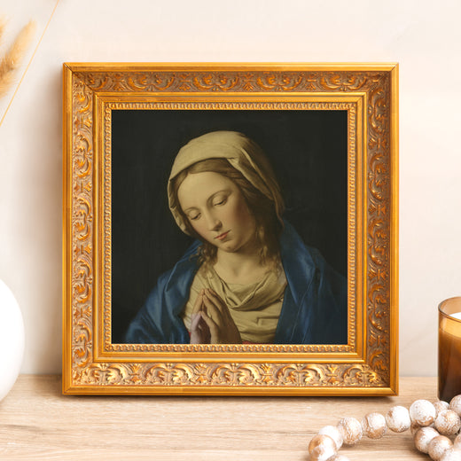 Framed, Religious art print with the Virgin Mary in a gold, ornate frame.