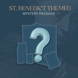 St. Benedict themed mystery package with a teal question mark icon and shadowed products on a blue background.