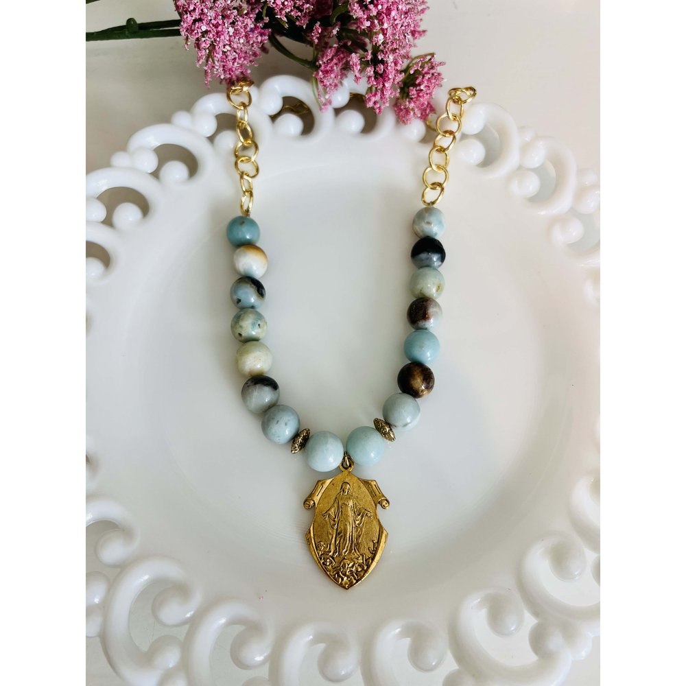 Vintage Amazonite Our Lady of Grace Chunky Necklace