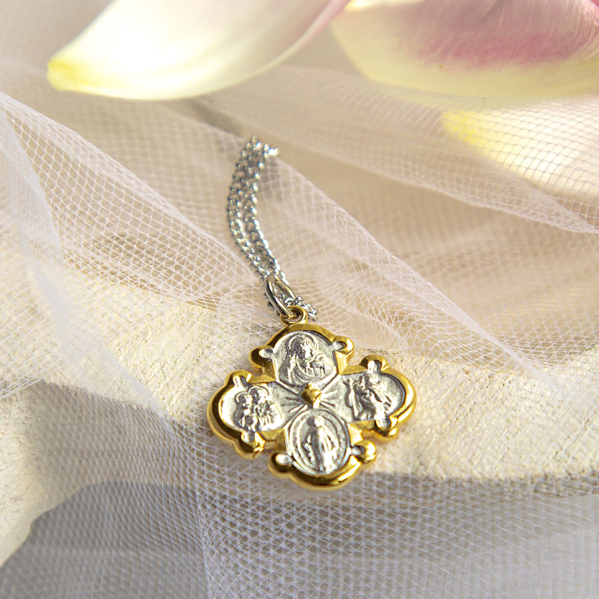 Two Tone Sterling 4-Way Medal Necklace