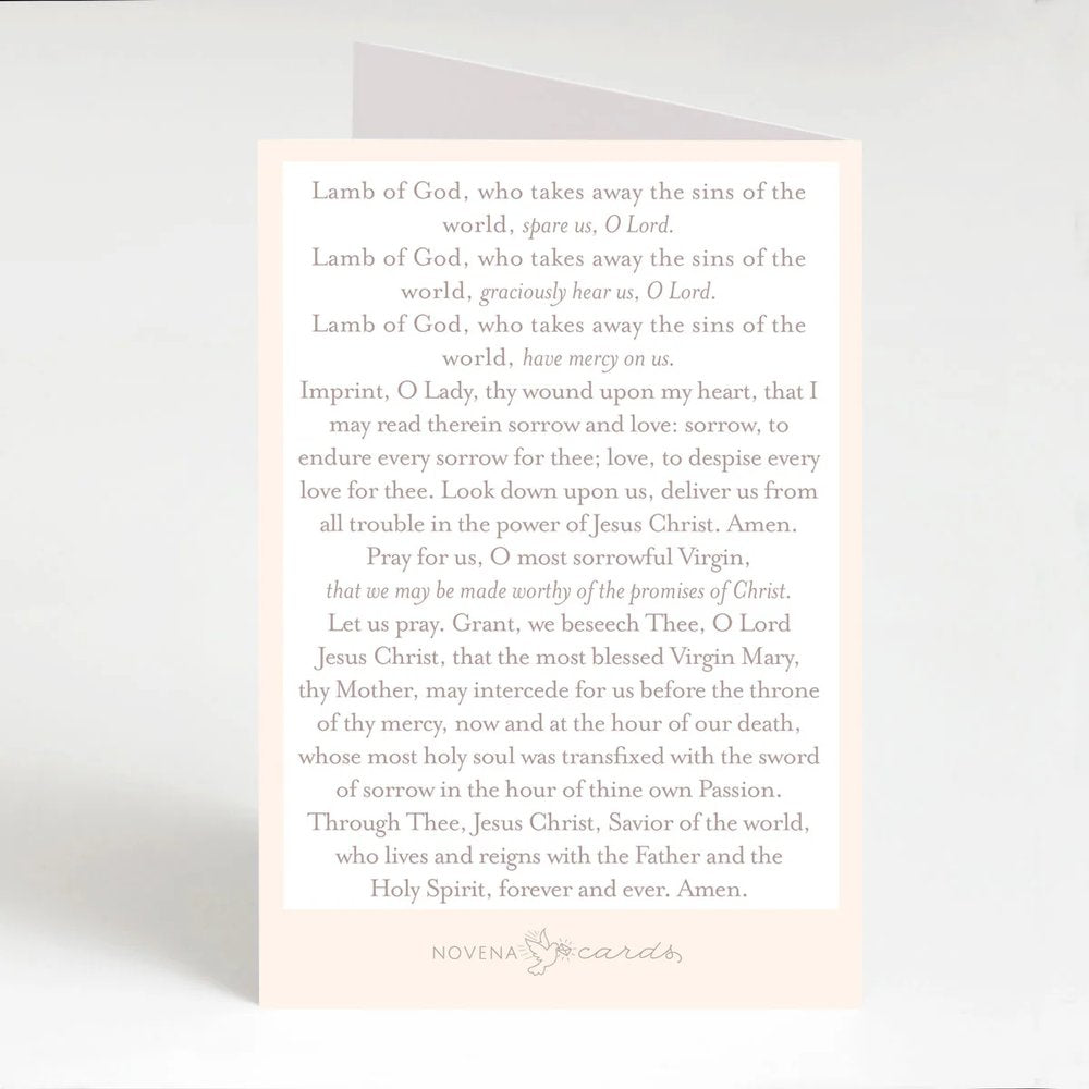 Novena card with prayer text, off-white paper, and a minimalist style.