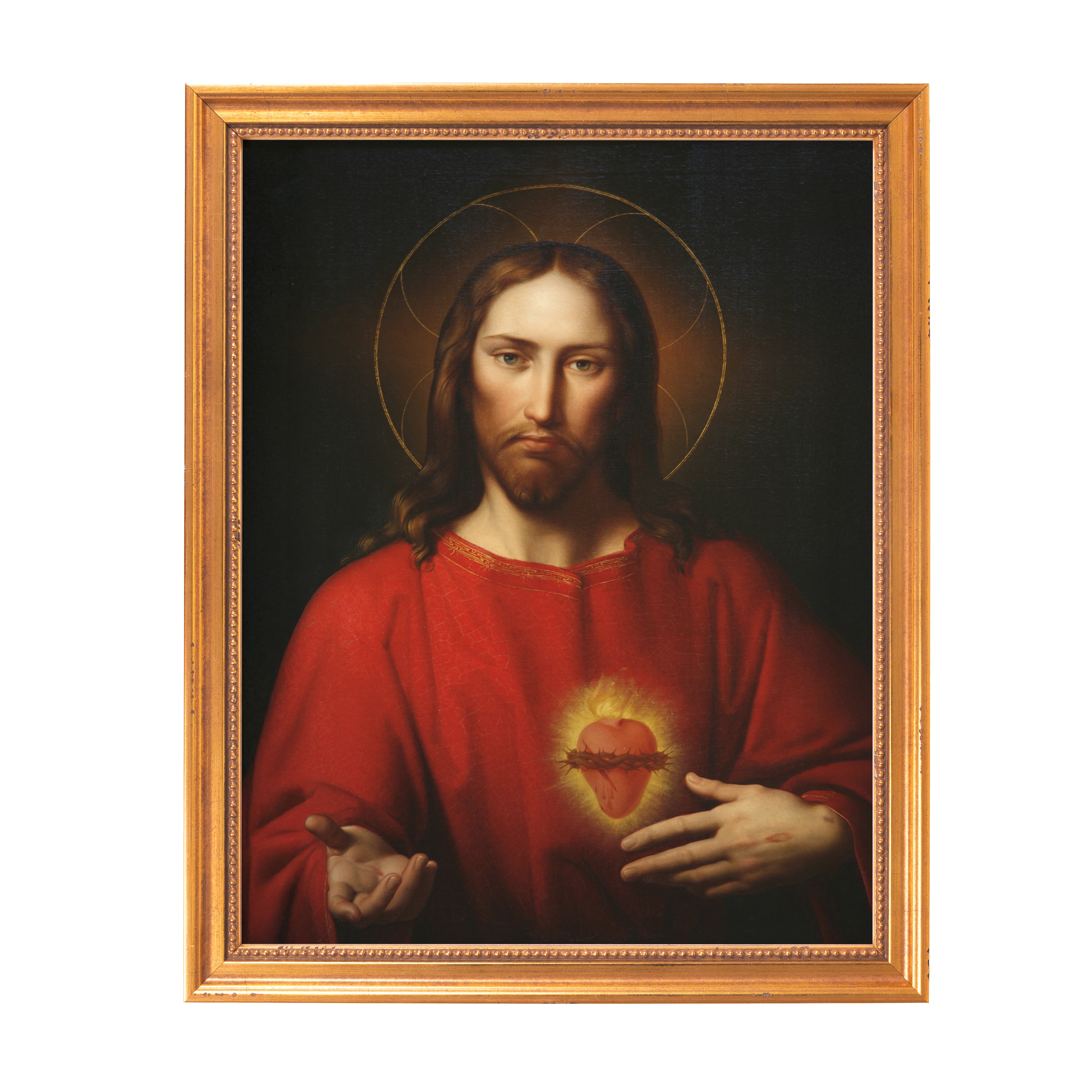 Framed portrait of Jesus in a red robe, with golden halo and heart.