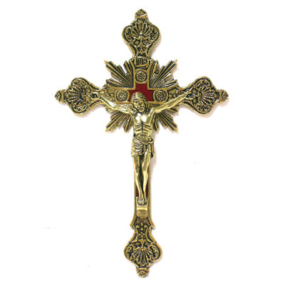 Ornate Gold Wall Crucifix with Red Inlay - 8"