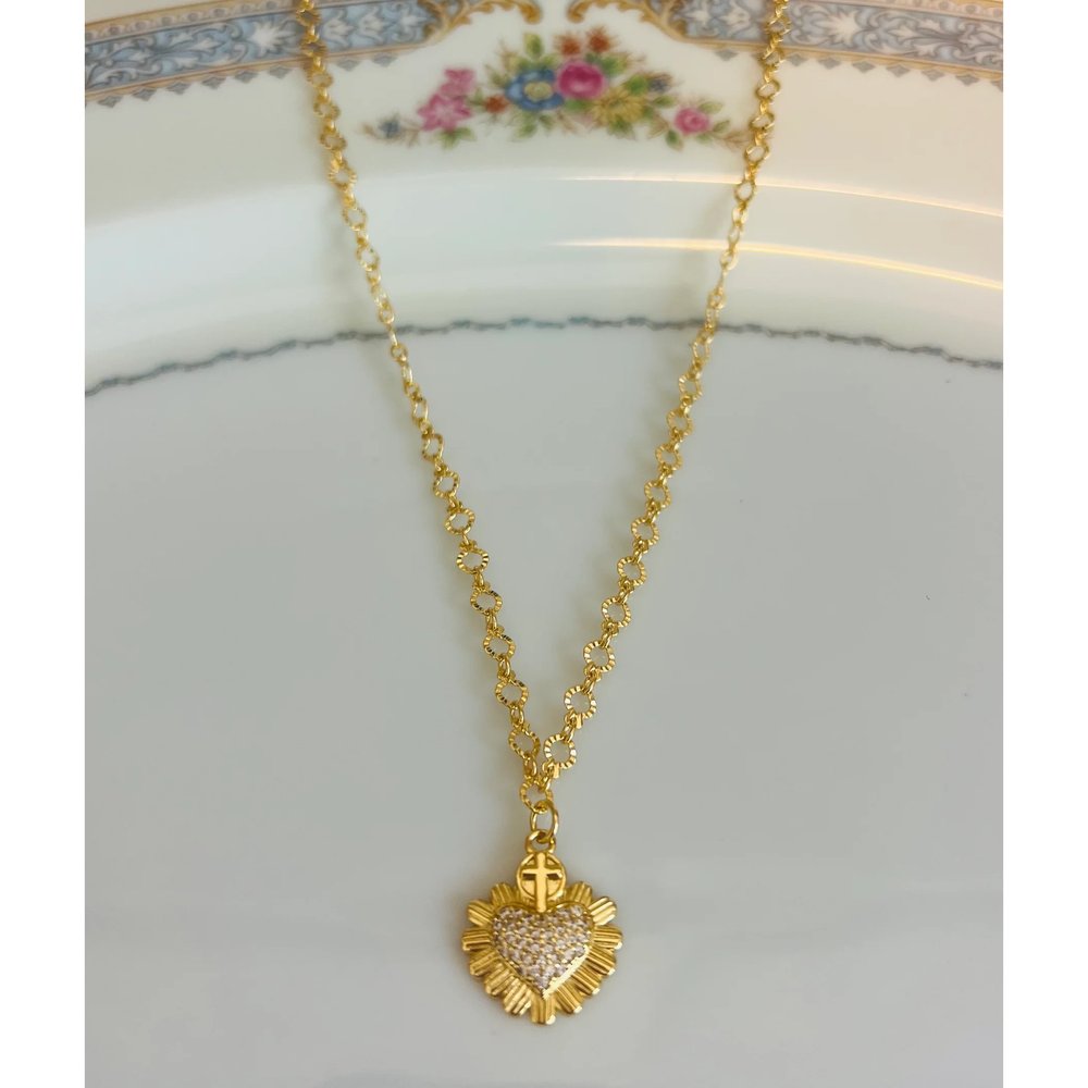 Gold & Pavé Sacred Heart Crystal Necklace