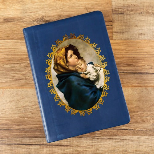 Religious hardcover book, blue with image of mother holding child in ornate gold frame.