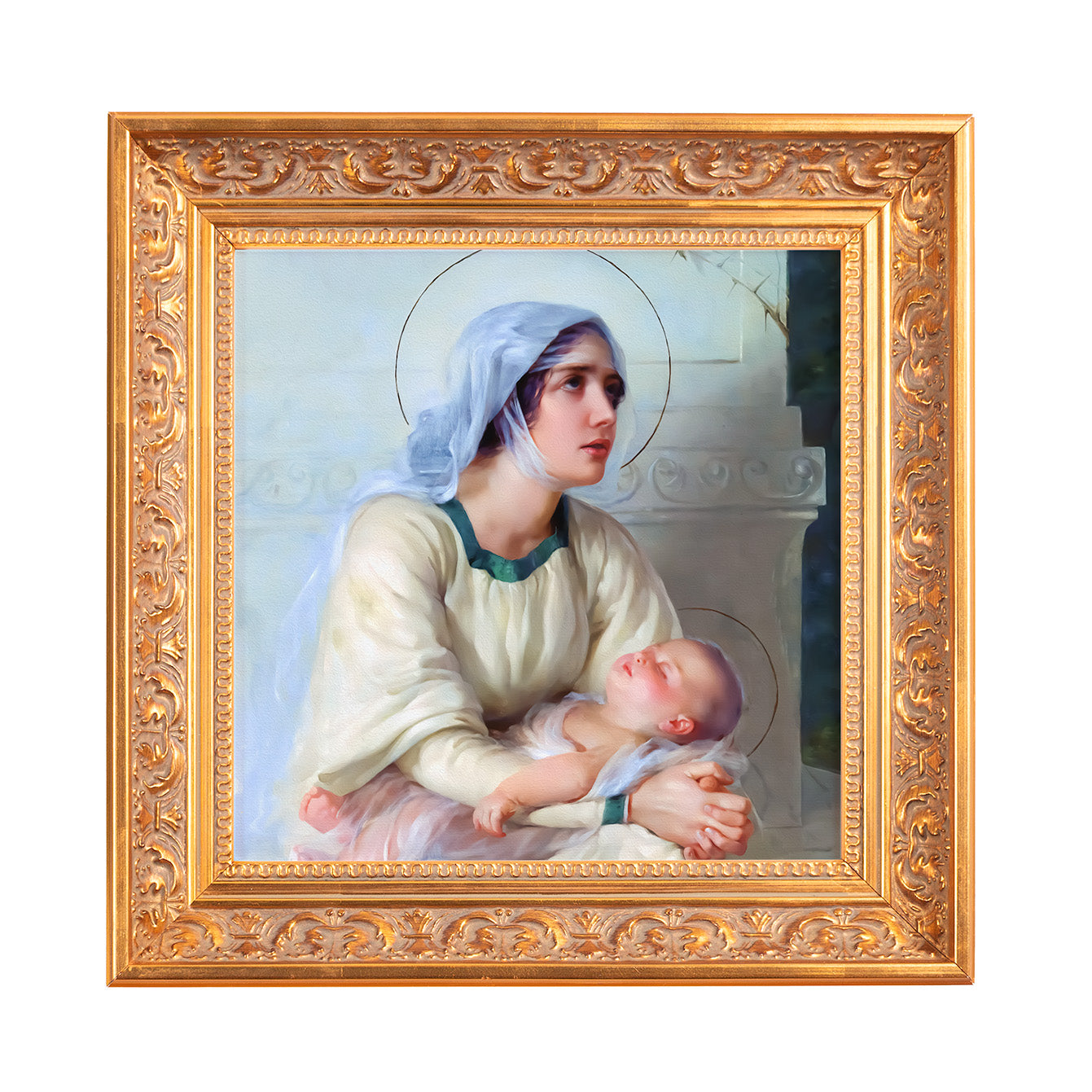 Framed oil painting of mother and child in light colors with an ornate gold frame.