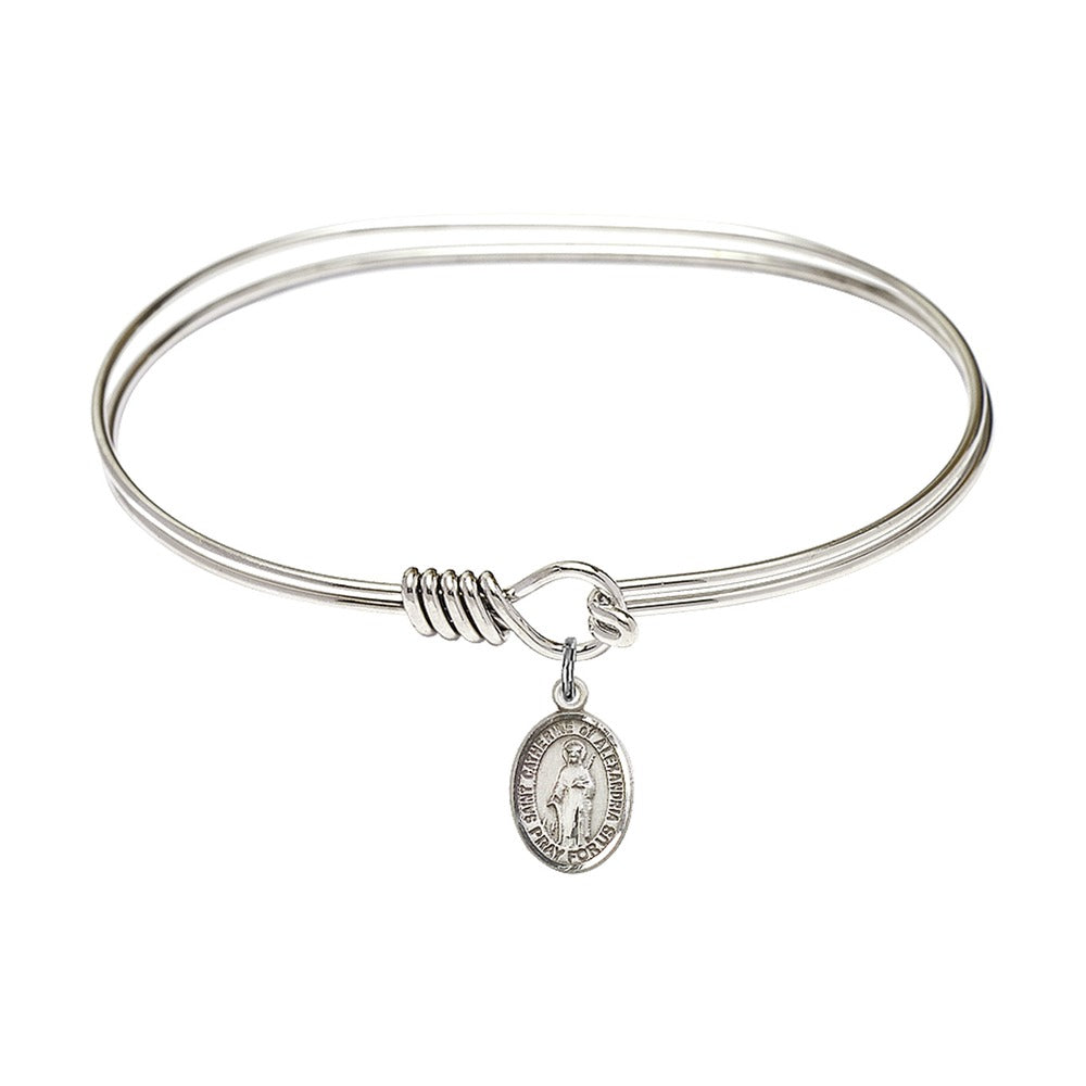 Adult 7" Oval  Rhodium Plated Bangle Bracelet with St. Catherine of Alexandria Medal Charm