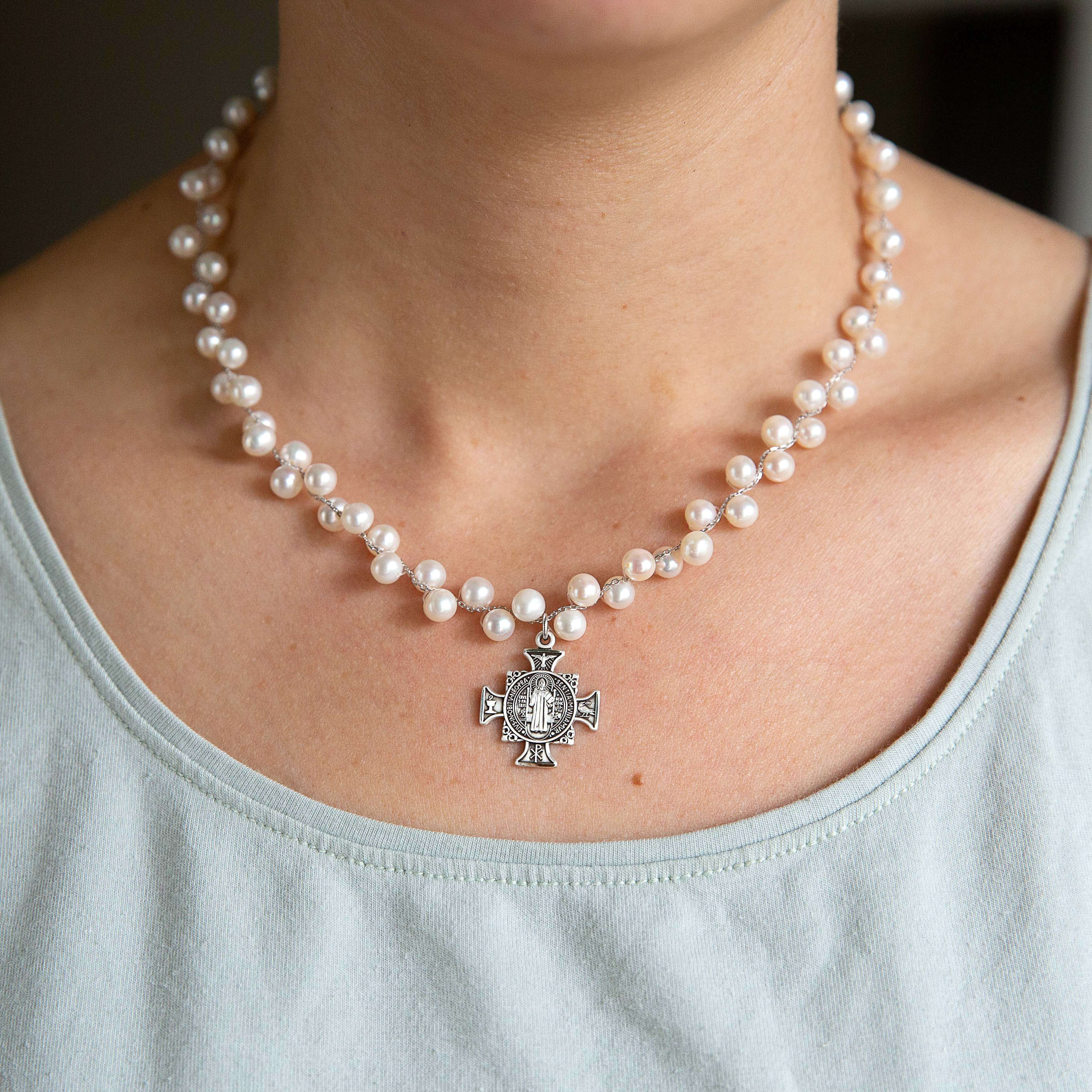 Grapevine Pearl St. Benedict Cross Necklace