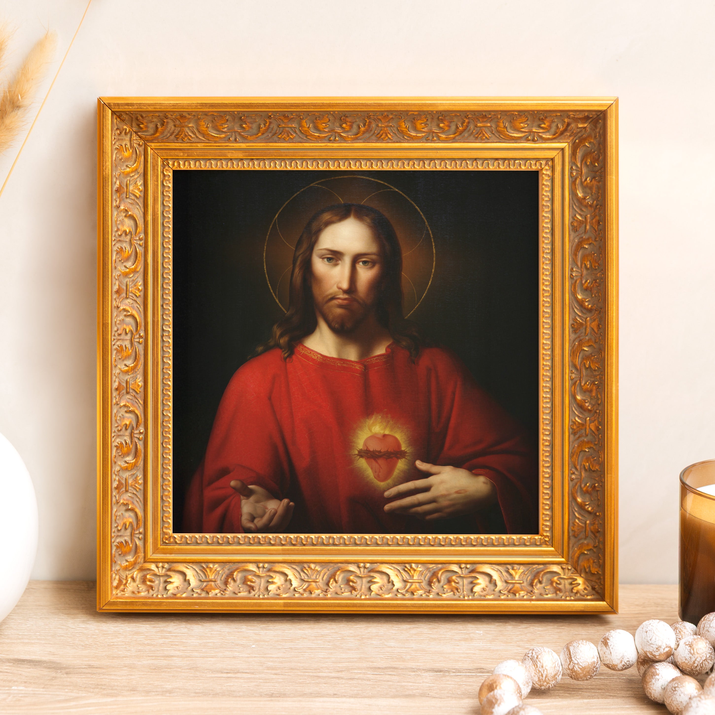 Religious artwork of Jesus with Sacred Heart in ornate gold frame.