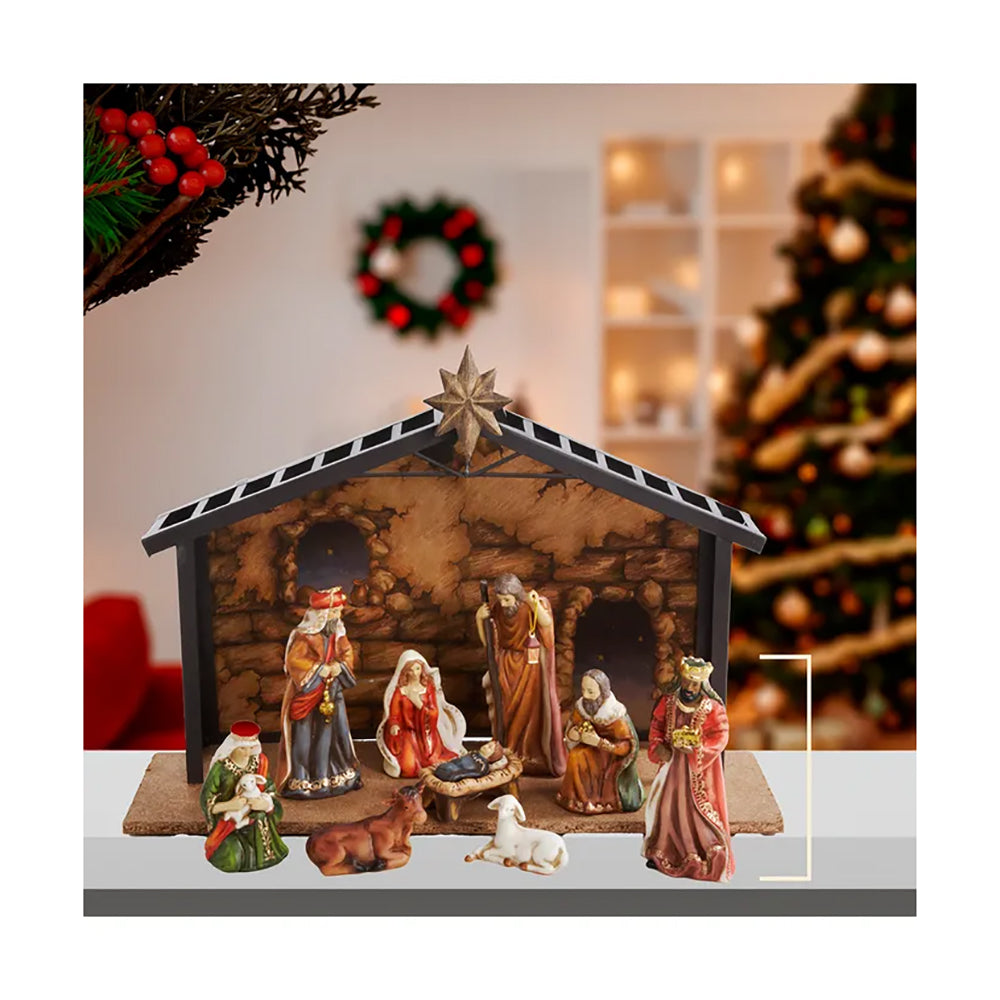 Richly Colored Porcelain Nativity Set & Stable - 10-Pieces