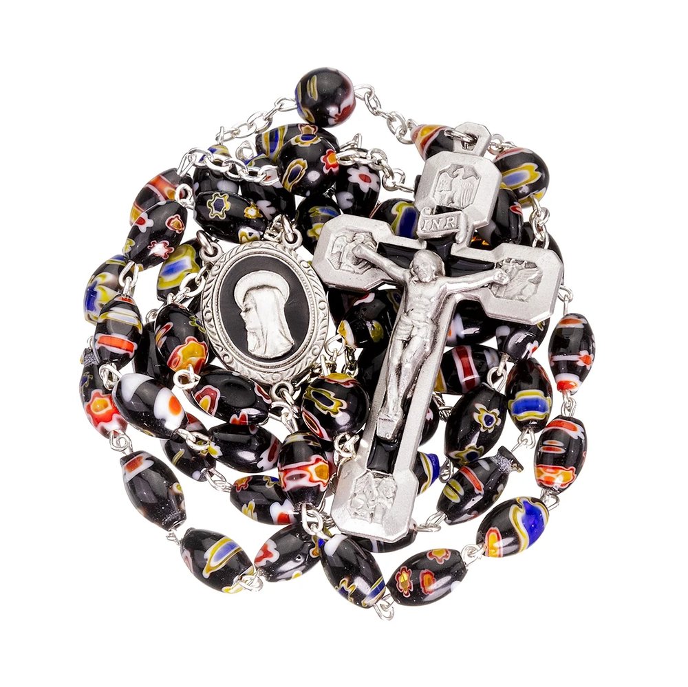 Black Venetian Glass & Multicolored Flowers Rosary