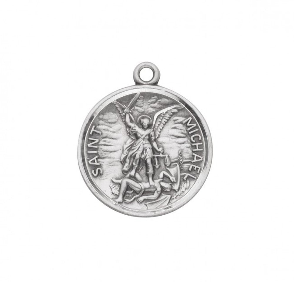 Silver Saint Michael medal for protection; round, features an angel figure and words.